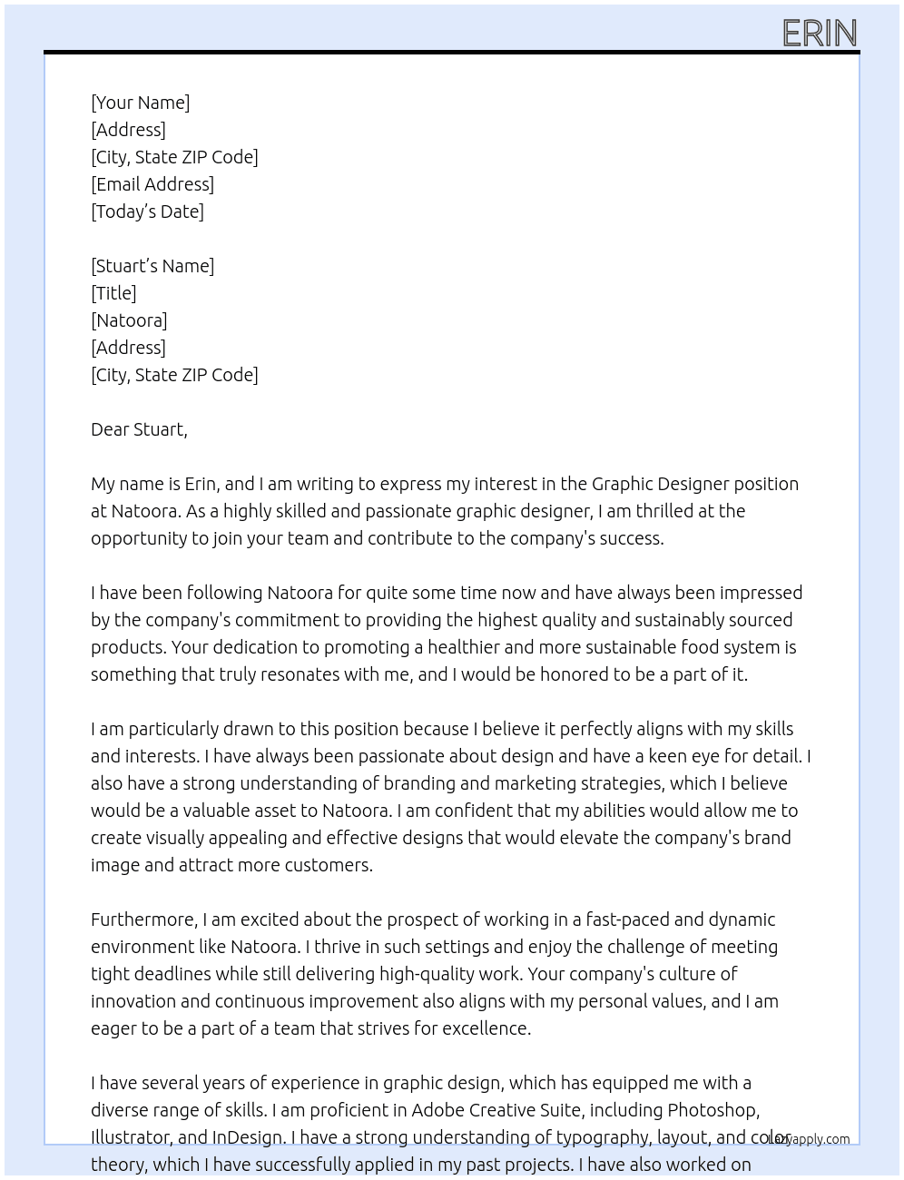 Graphic Designer At Natoora Cover Letter
