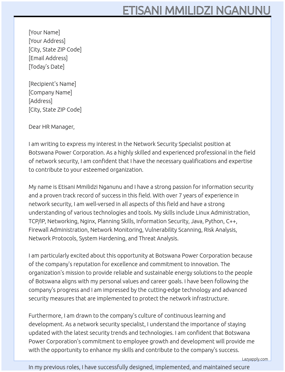 Network Security Specialist At Botswana Power Corporation Cover Letter