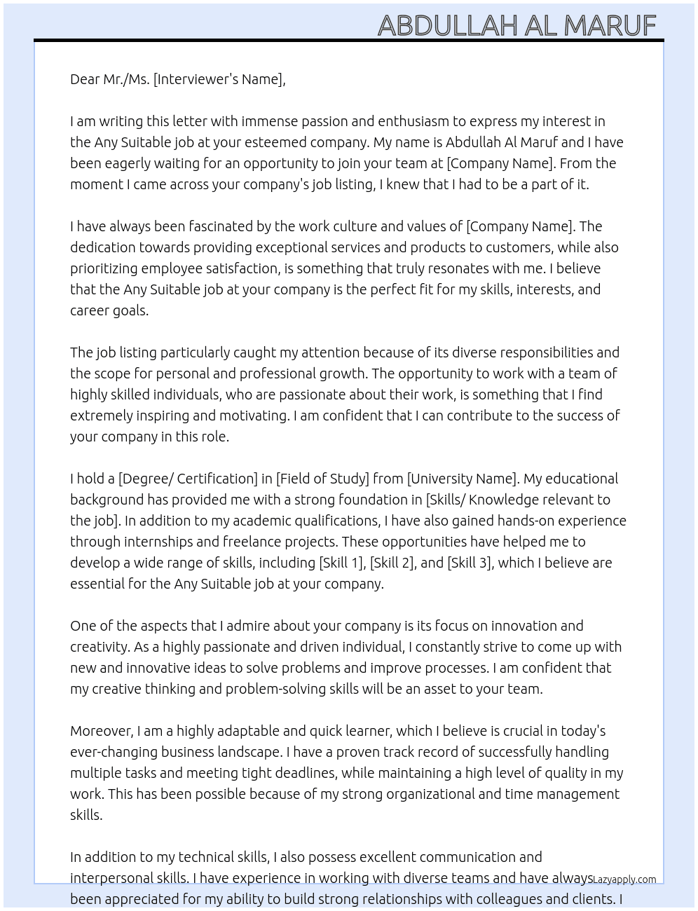 Any Suitable job At Any kind of company  Cover Letter