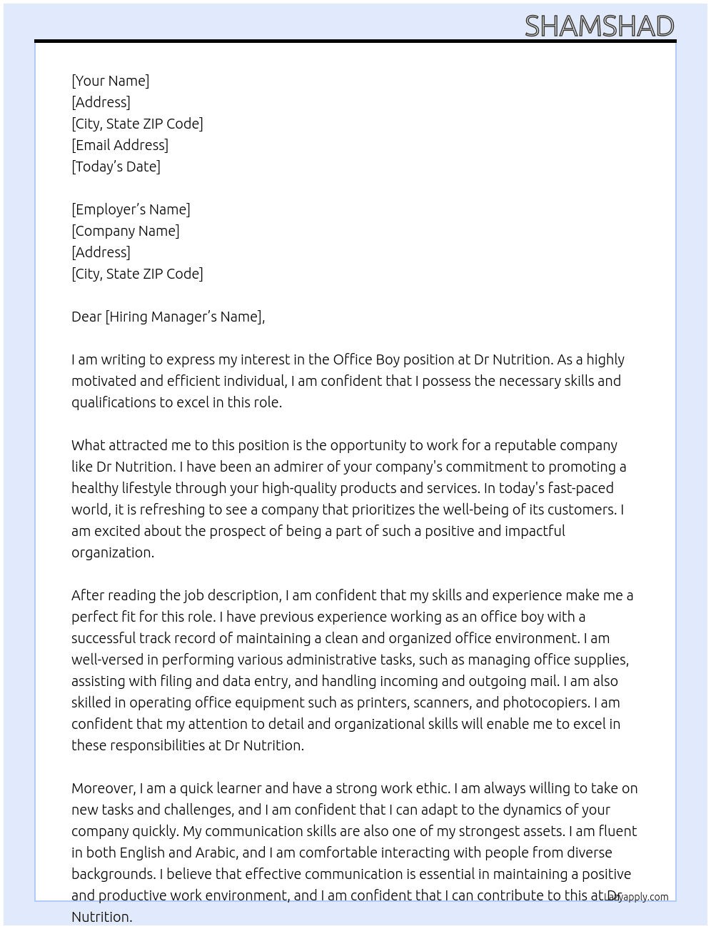 office boy At Dr Nutrition Cover Letter