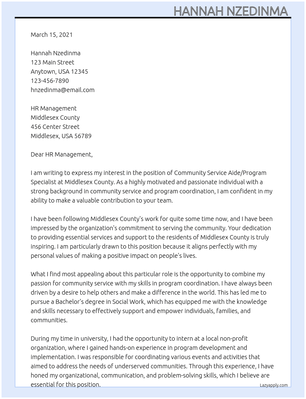 Community Service Aide/Program Specialist At Middlesex County  Cover Letter