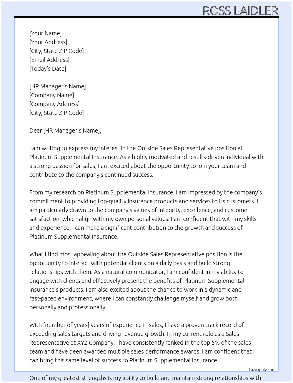 Outside Sales Representative  At Platinum Supplemental Insurance Cover Letter