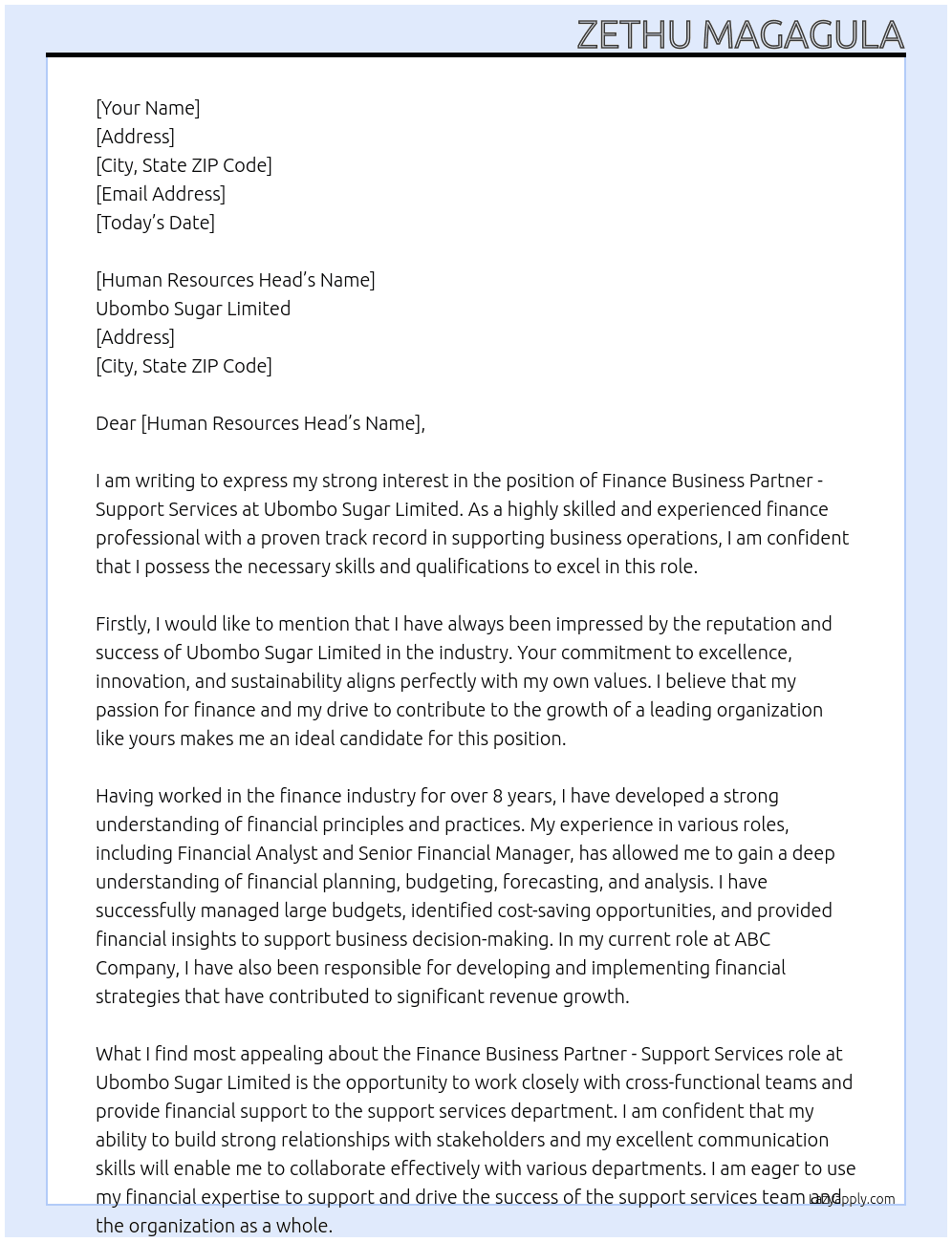 Finance Business Partner - Support Services At Ubombo Sugar Limited Cover Letter