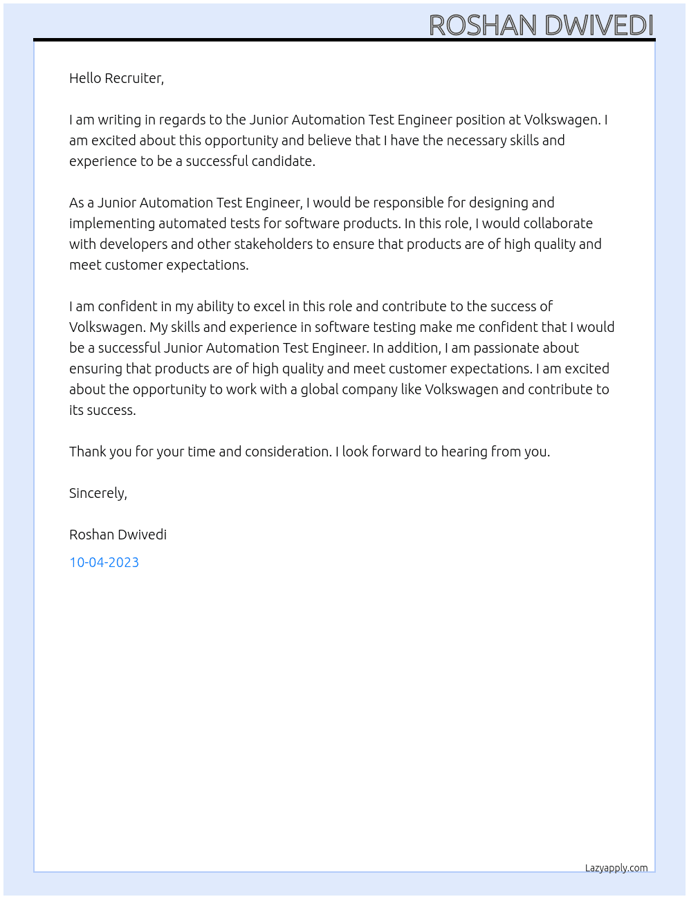 Junior Automation Test Engineer At Volkswagen Cover Letter
