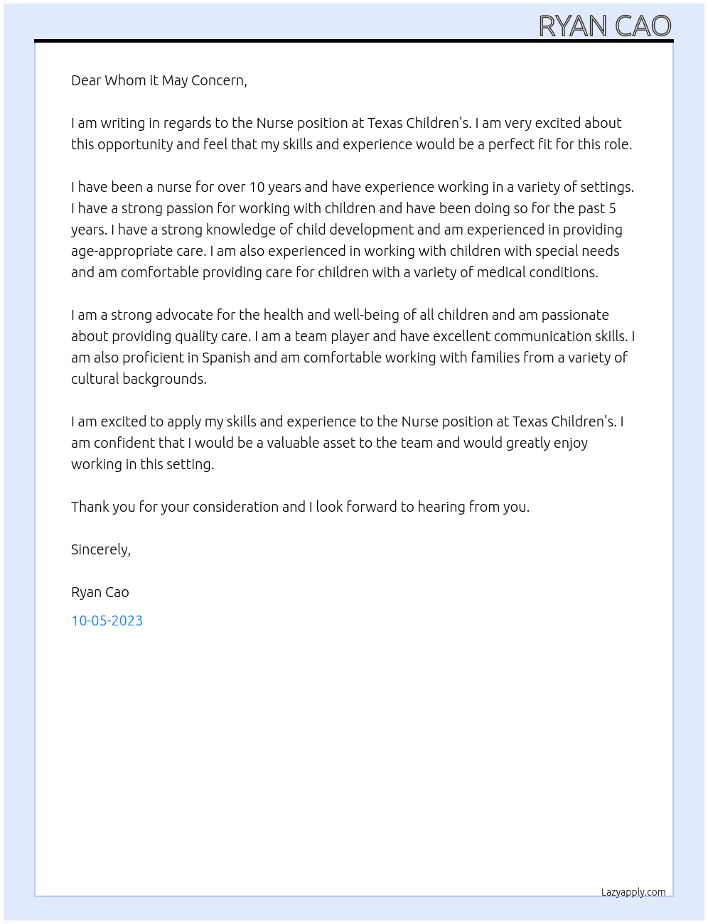 Nurse At Texas Children's Cover Letter