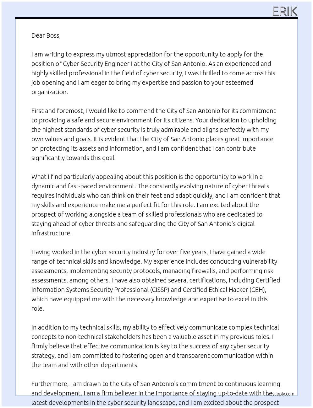 Cyber Security Engineer I At City of San Antonio Cover Letter