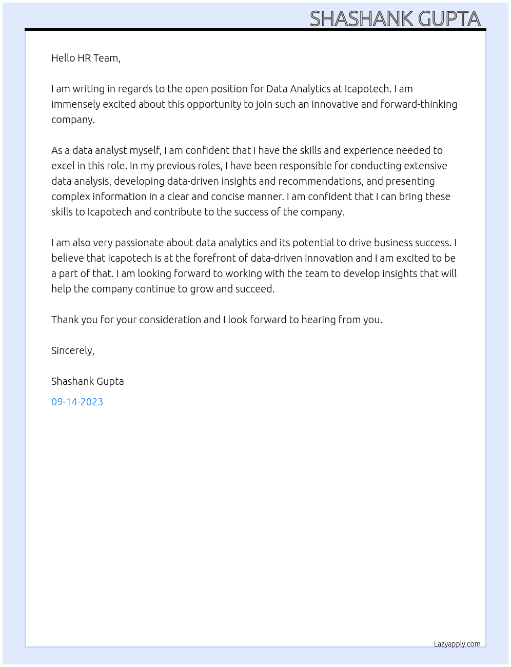 Data analytics  At Icapotech Cover Letter