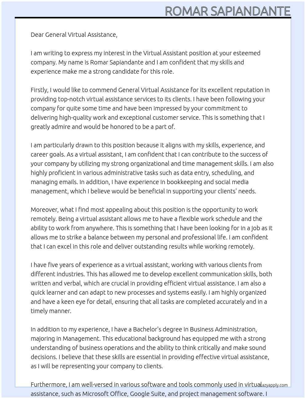 Virtual Assistant At General Virtual Assistance Cover Letter