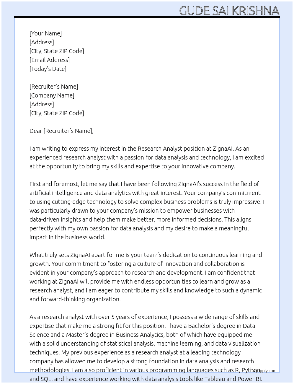 Research Analyst At ZignaAI Cover Letter