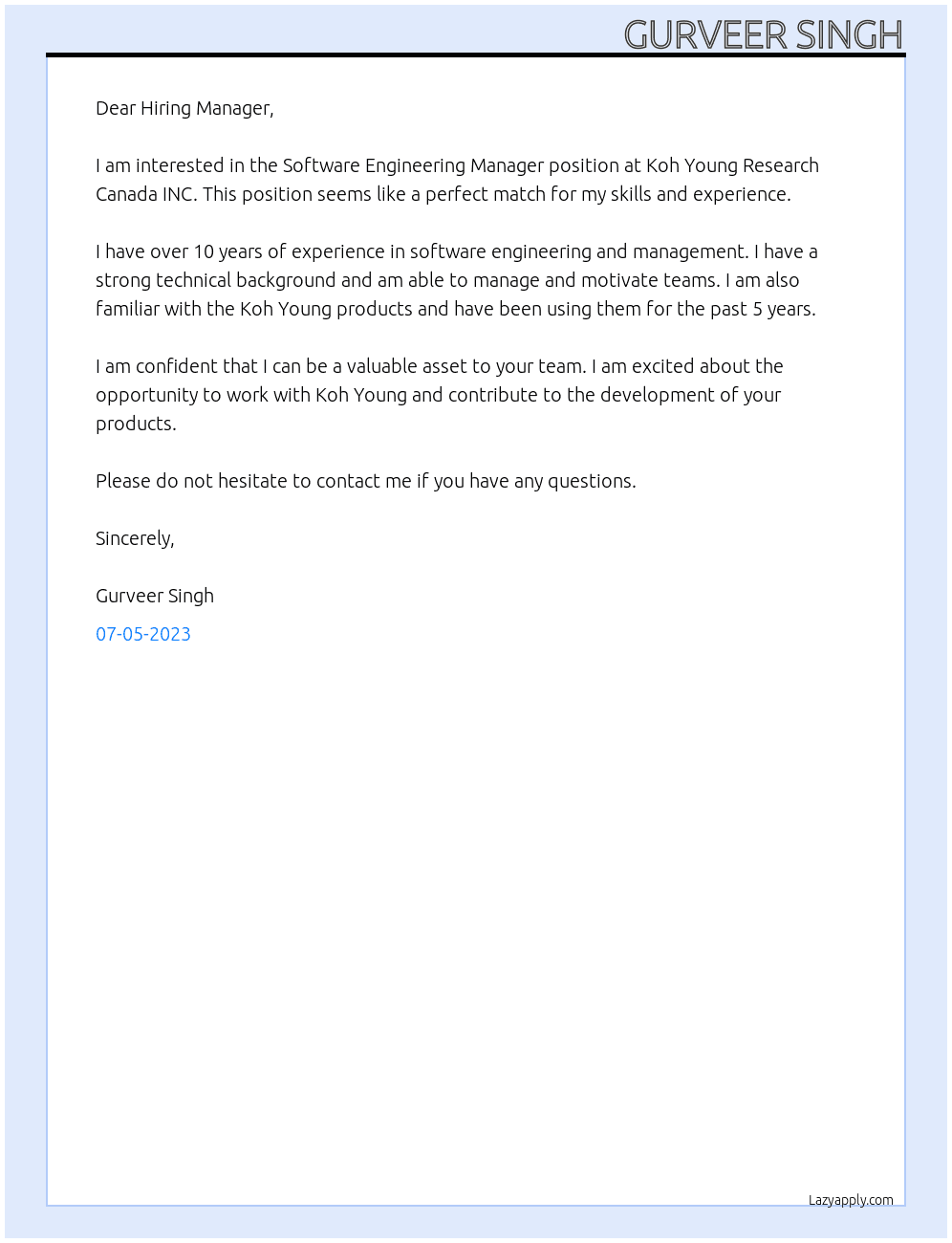 Software Engineering Manager At Koh Young Research Canada INC Cover Letter