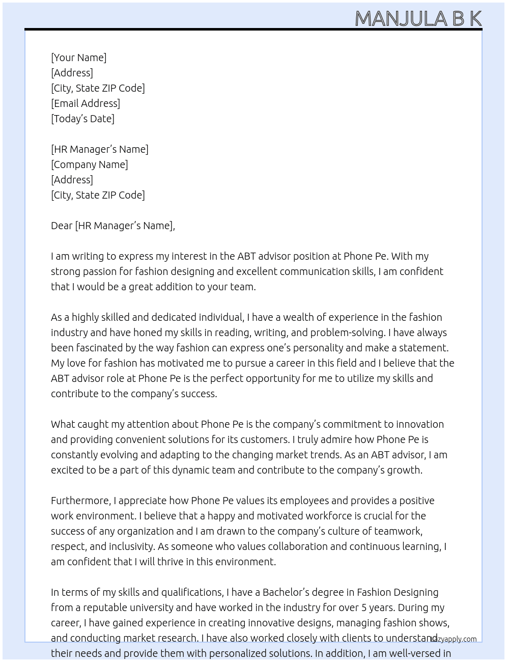ABT advisor  At phone pe  Cover Letter