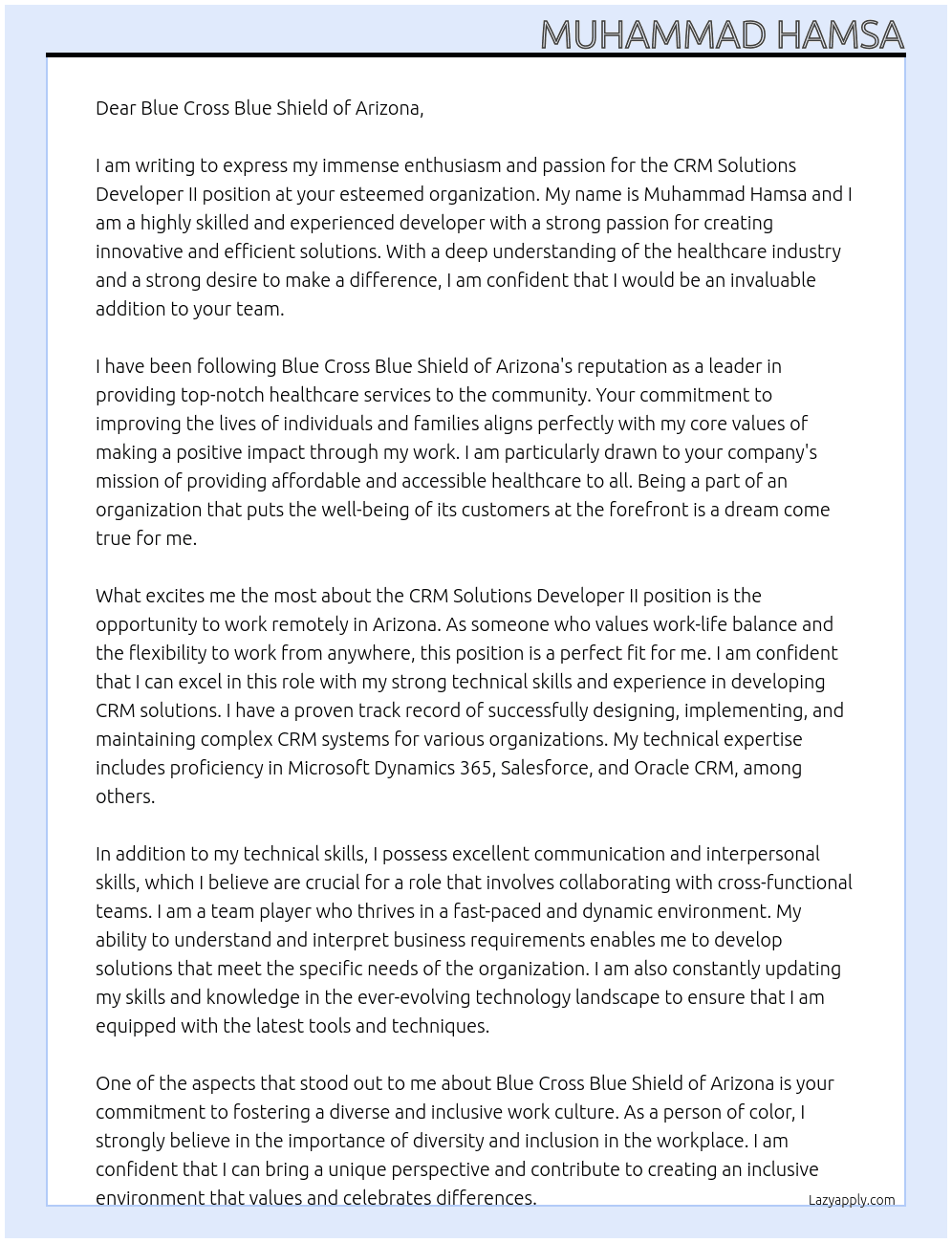 CRM Solutions Developer II - Remote AZ At Blue Cross Blue Shield of Arizona Cover Letter