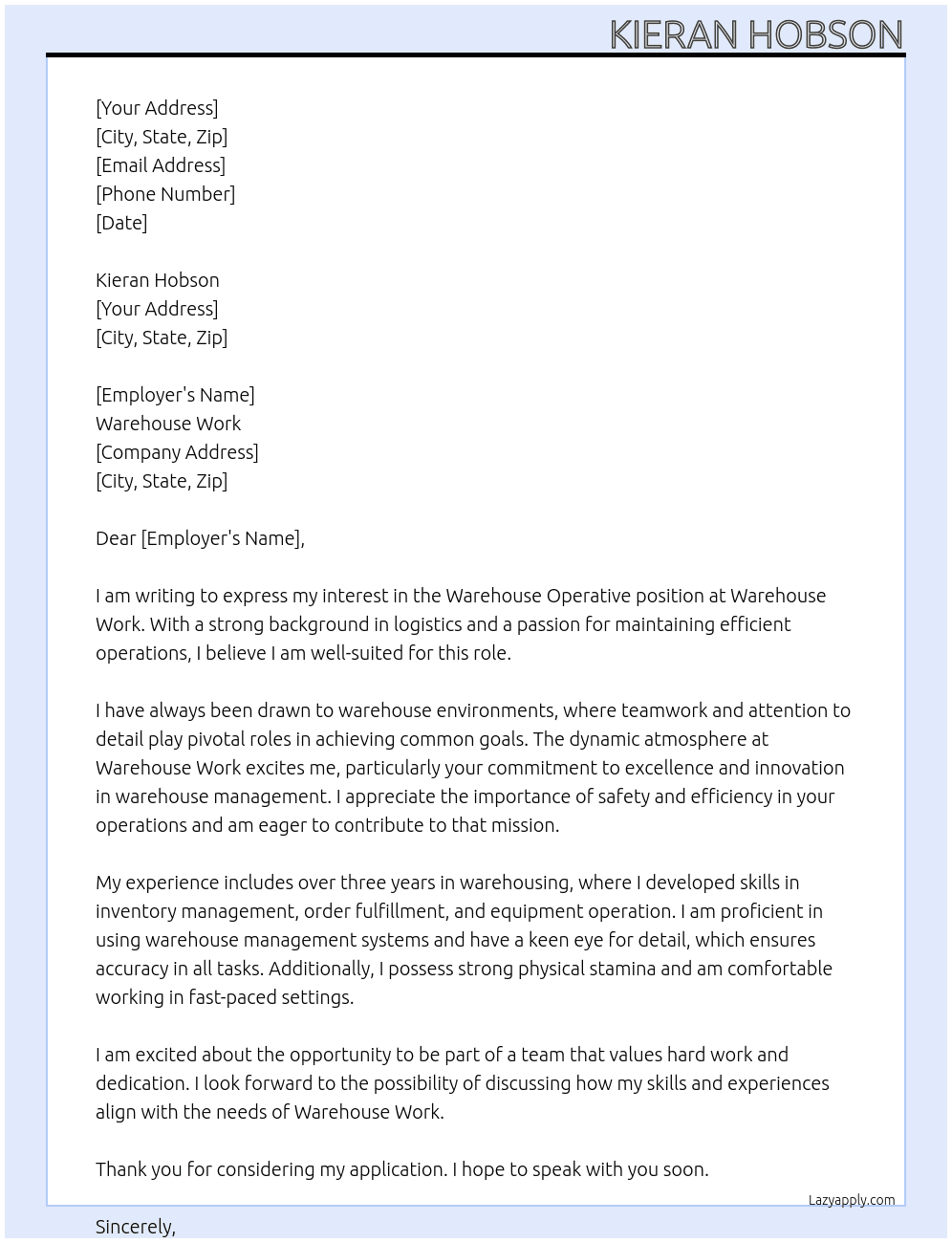 warehouse operative  At warehouse work Cover Letter