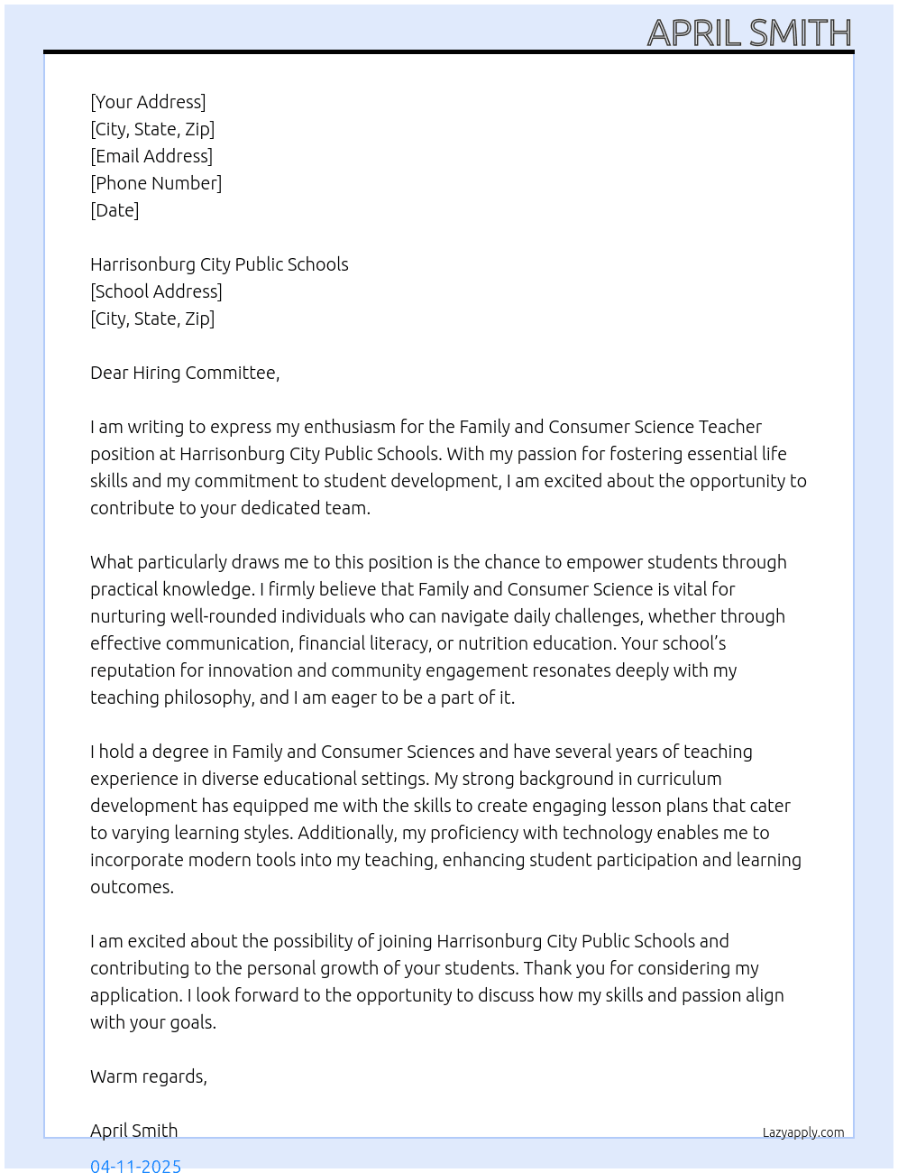 Family and Consumer Science Teacher At Family and Consumer Science Teacher Cover Letter