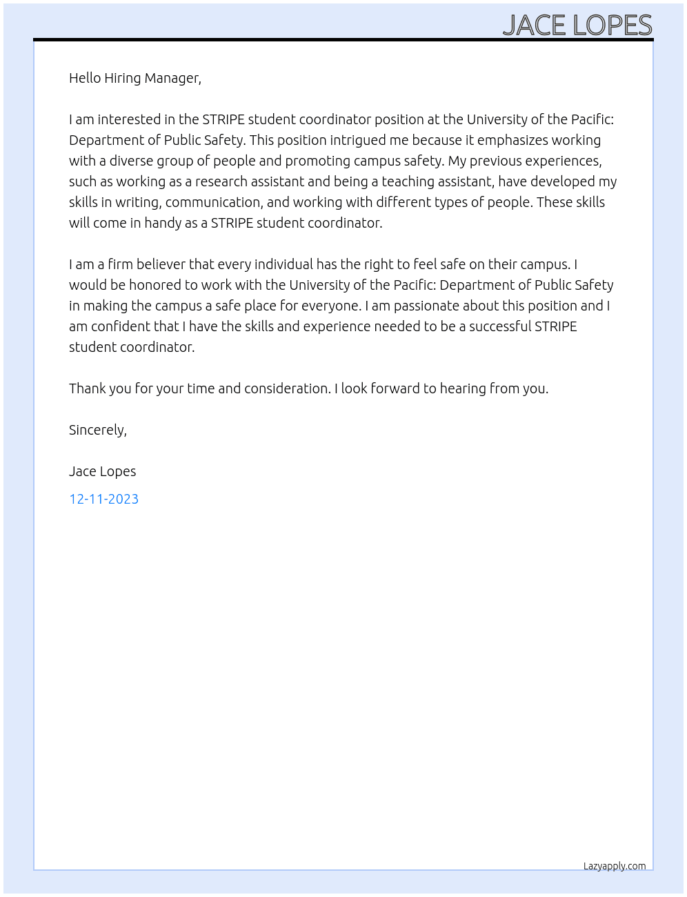 STRIPE student coordinator At university of the pacific: Department of public safety Cover Letter