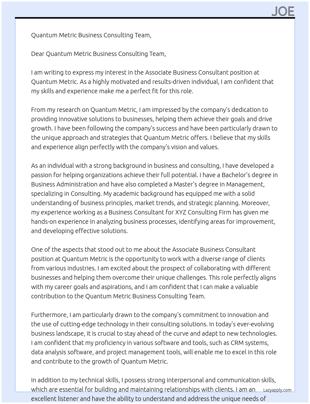 Associate Business Consultant At Quantum Metric Cover Letter