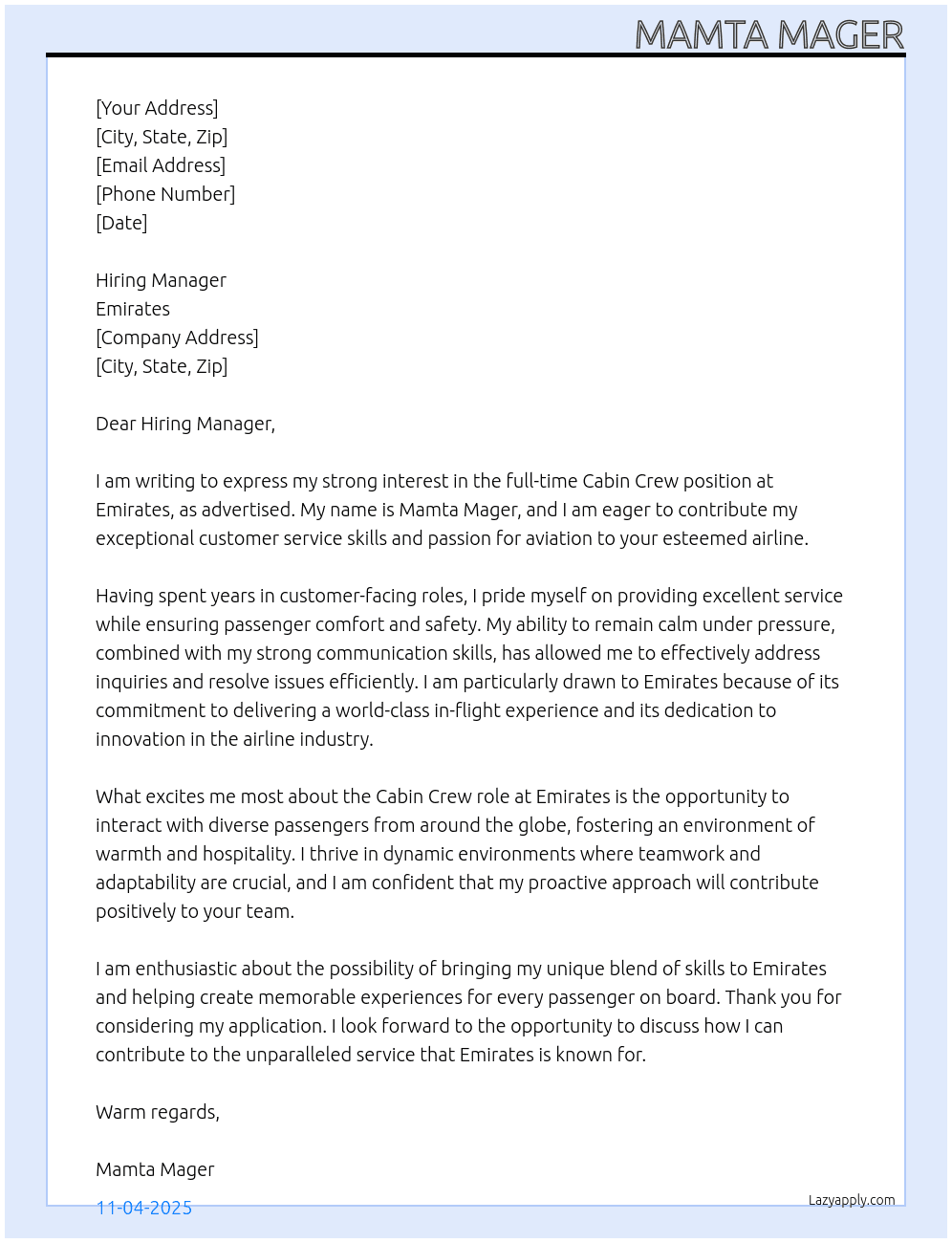 cabin crew At emirates  Cover Letter