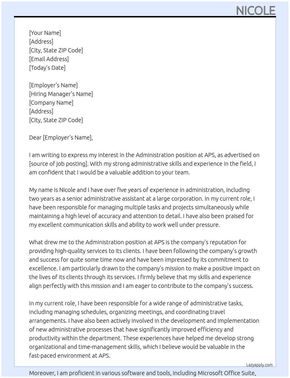 administration At APS Cover Letter