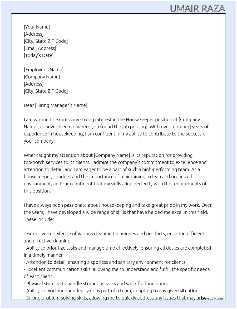 house keeper  At anyone  Cover Letter