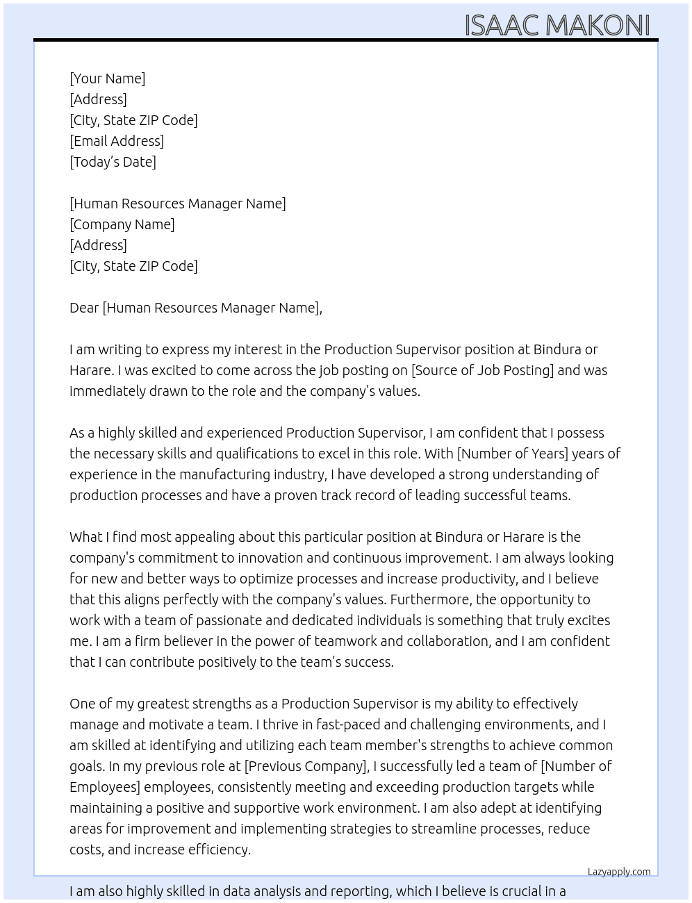 Production supervisor  At Bindura or harare Cover Letter