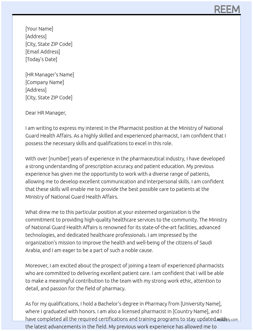 Pharmacist  At Ministry of national Guard health affairs Cover Letter