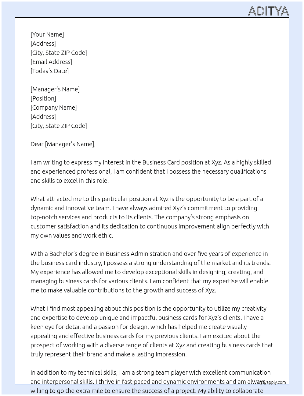 Business card At Xyz Cover Letter