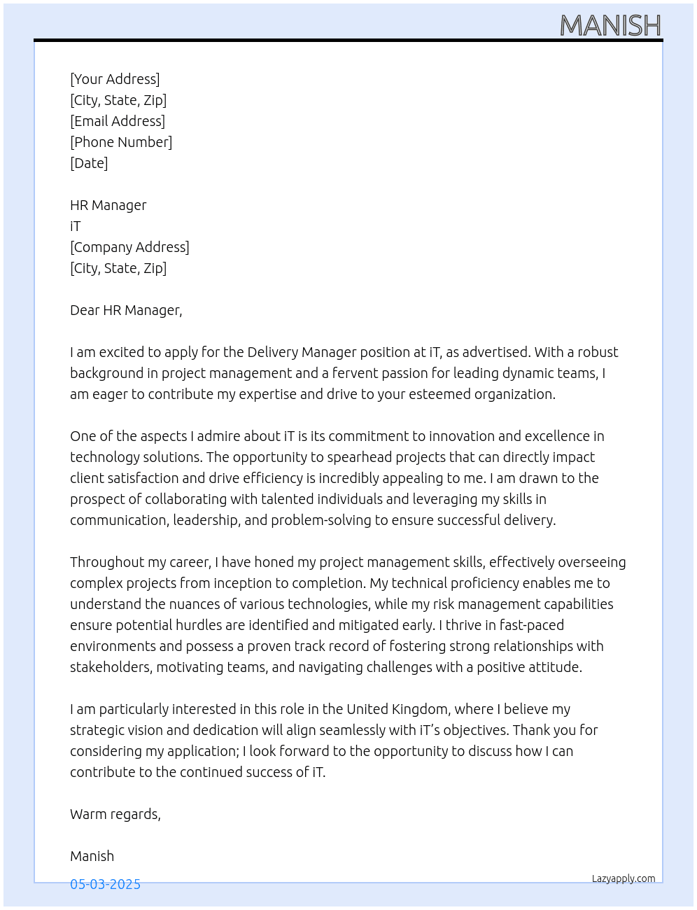 Cover letter for delivery manager - LazyApply