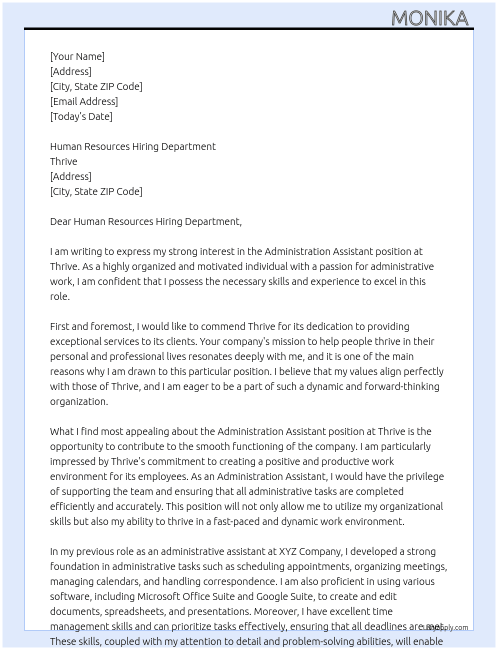 Administration assistant  At Thrive  Cover Letter