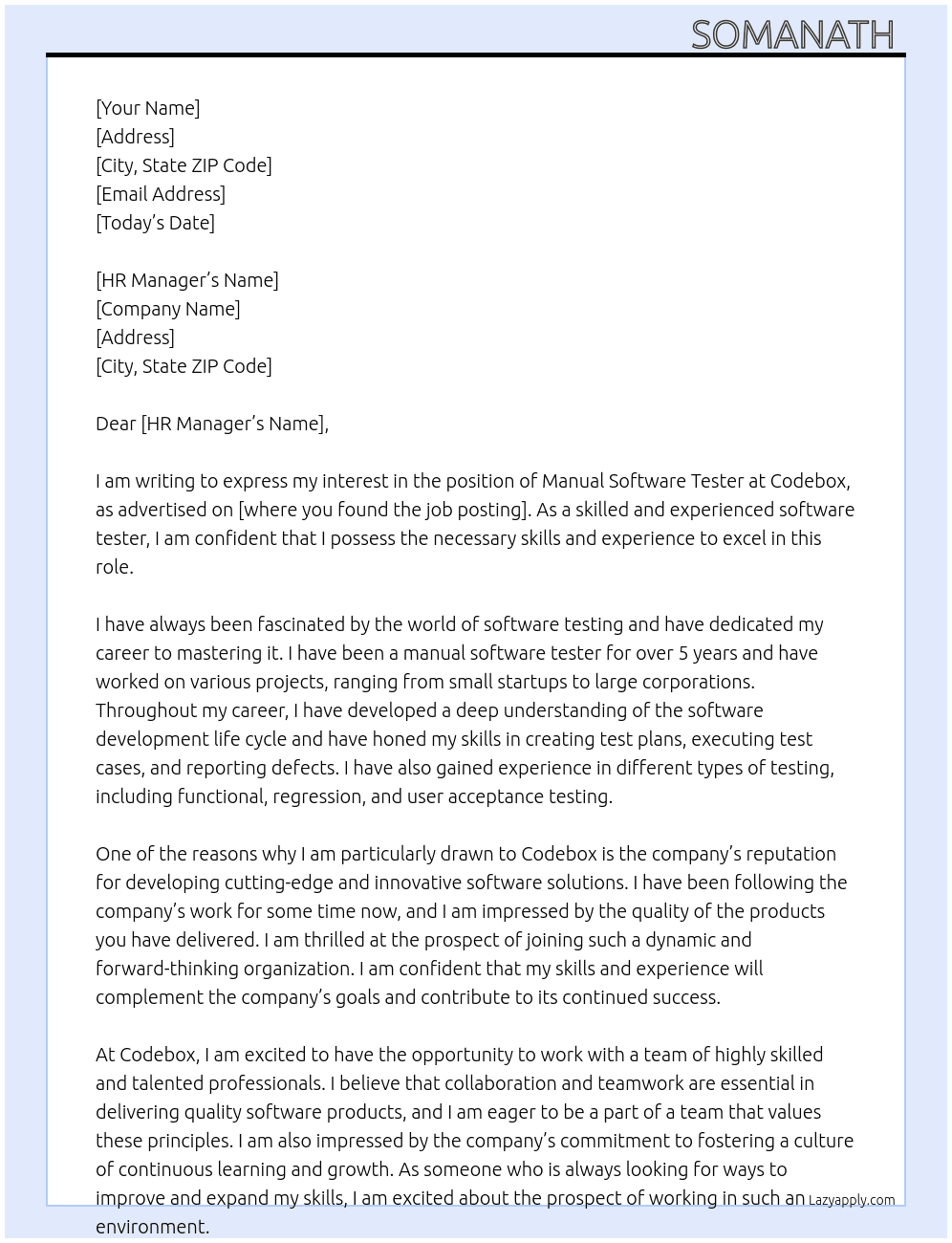manual software tester  At codebox Cover Letter