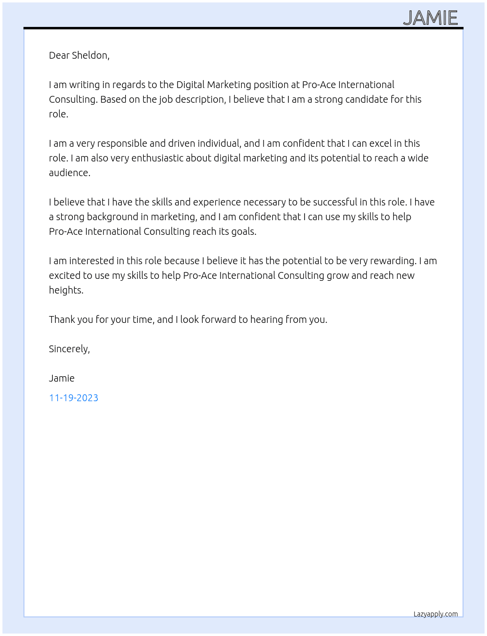 Digital Marketing  At Sheldon  Cover Letter