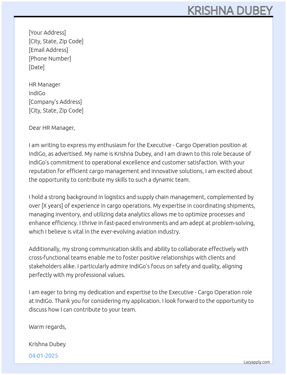 Cover letter for executive cargo operation - LazyApply
