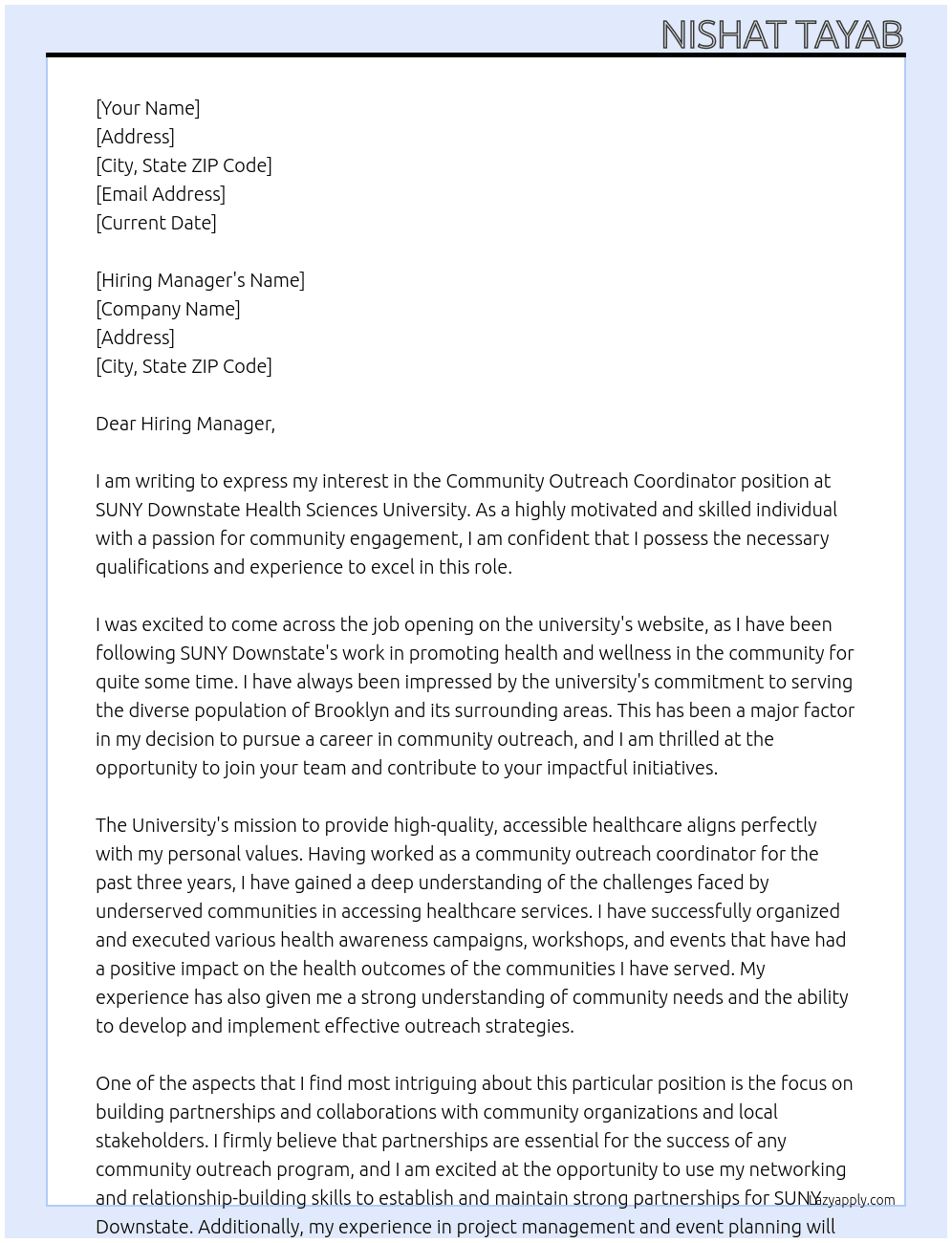 Community Outreach Coordinator At SUNY Downstate Health Sciences University Cover Letter