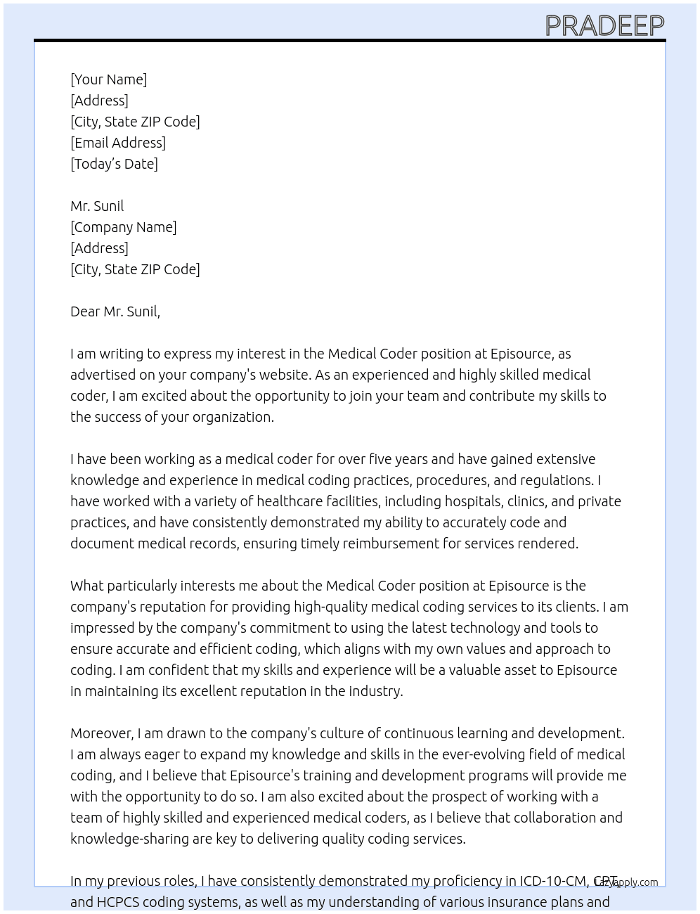Medical coder At Episource Cover Letter