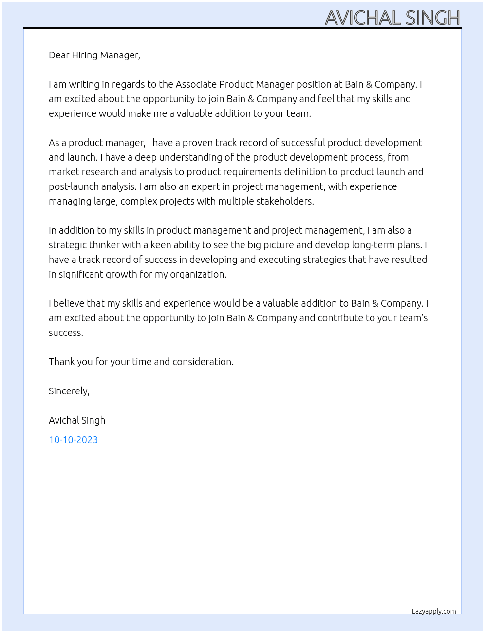 Associate Product Manager At Bain & Company Cover Letter