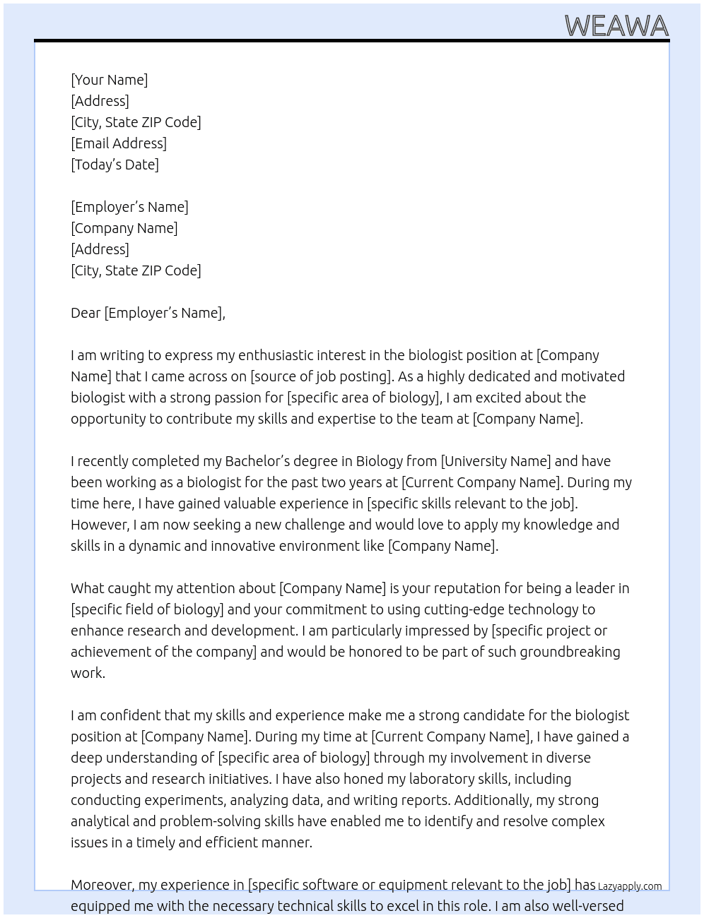 Cover letter for biologist - LazyApply