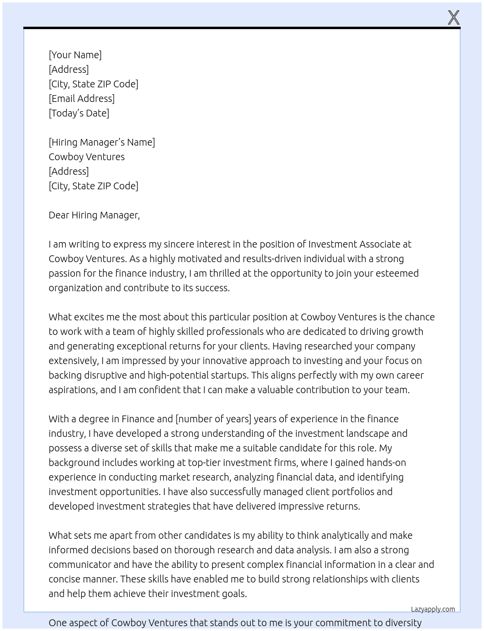 Investment Associate At Cowboy Ventures Cover Letter