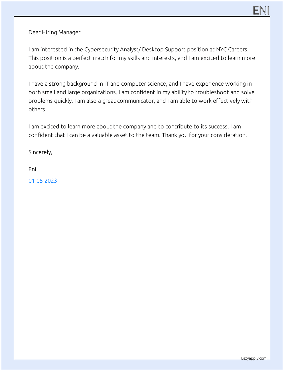 Cybersecurity Analyst/ Desktop Support At NYC Careers Cover Letter