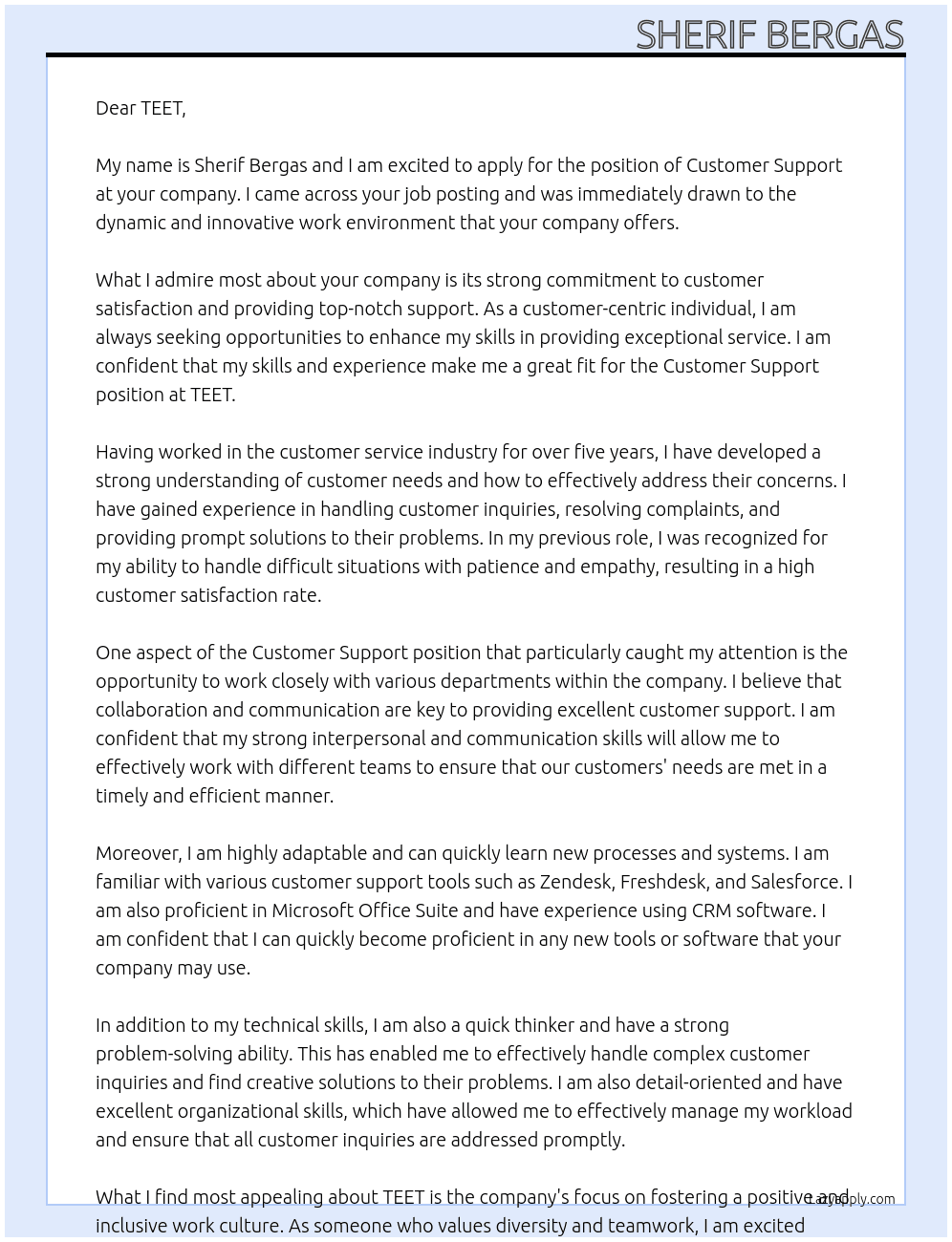 customer support At TEET Cover Letter