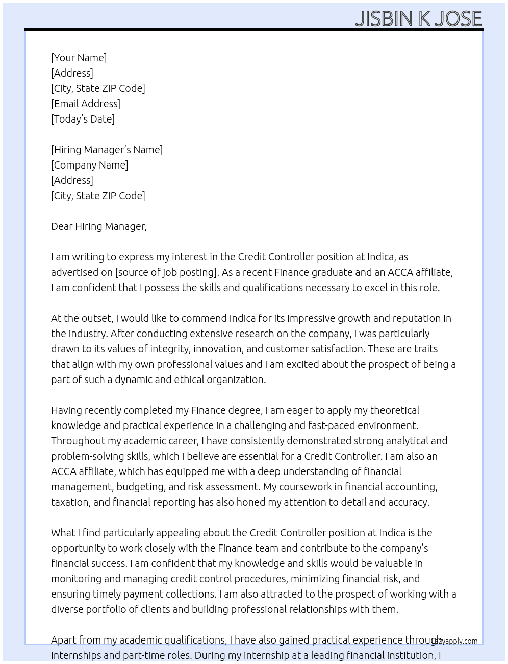 Credit Controller At Indica Cover Letter