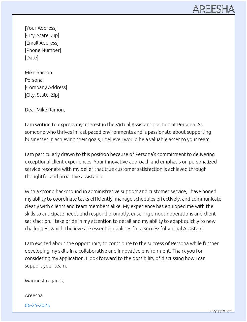 Virtual Assistant At Persona Cover Letter