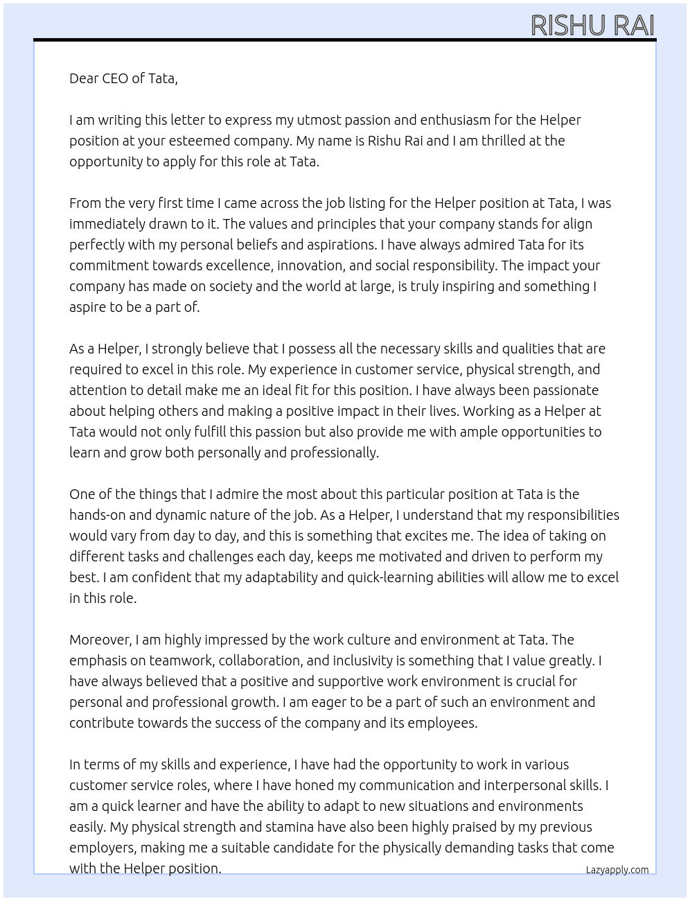 Helper At Tata  Cover Letter