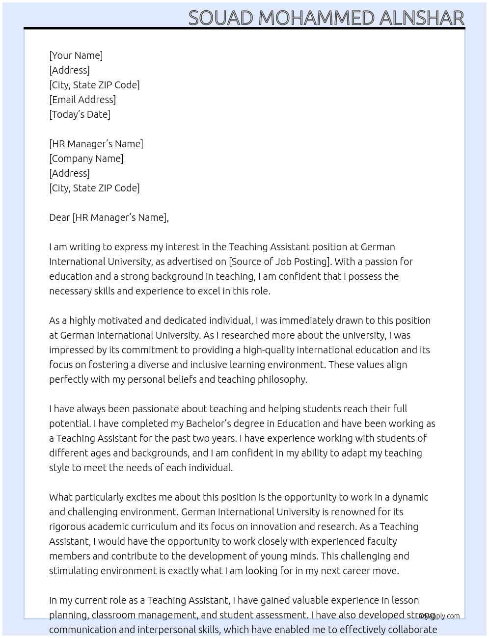Teaching assistant  At German International University  Cover Letter