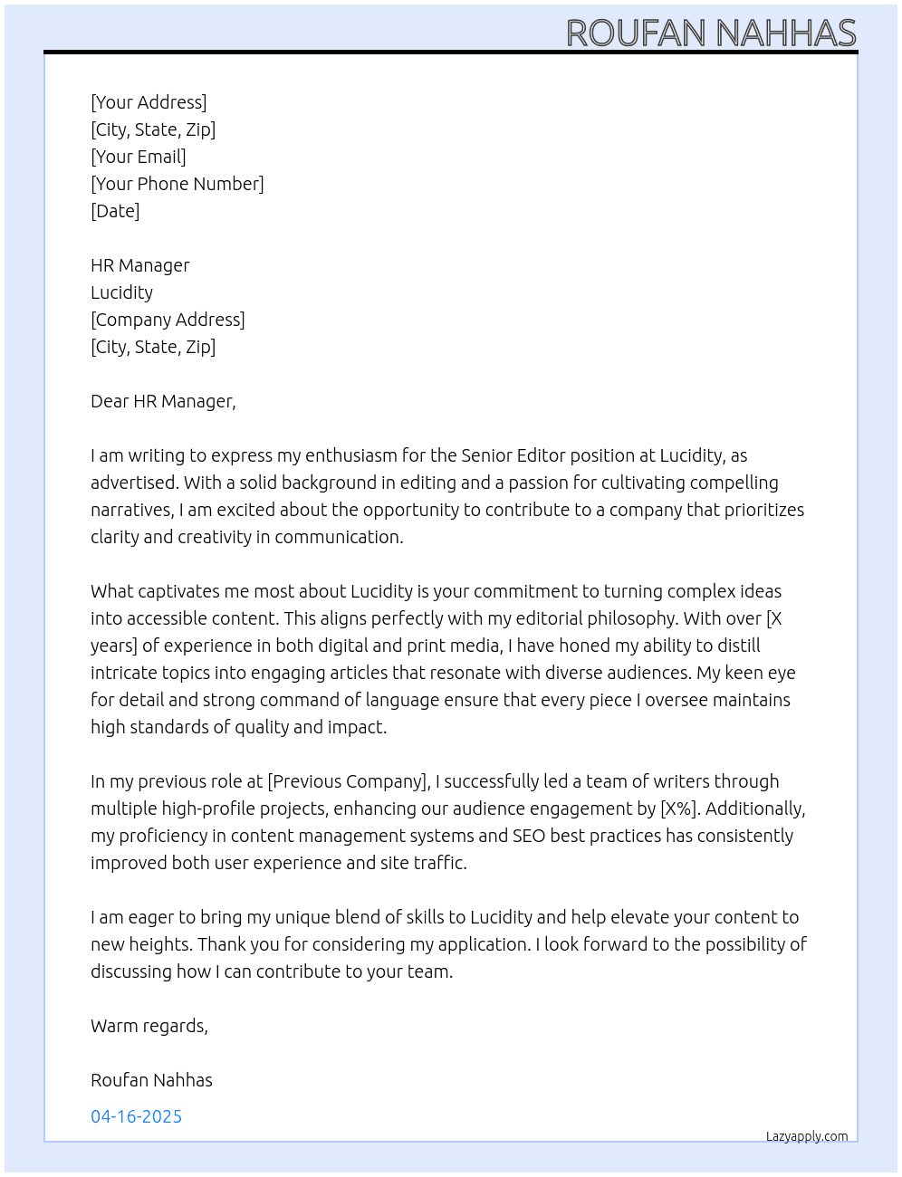 Senior editor At Lucidity  Cover Letter