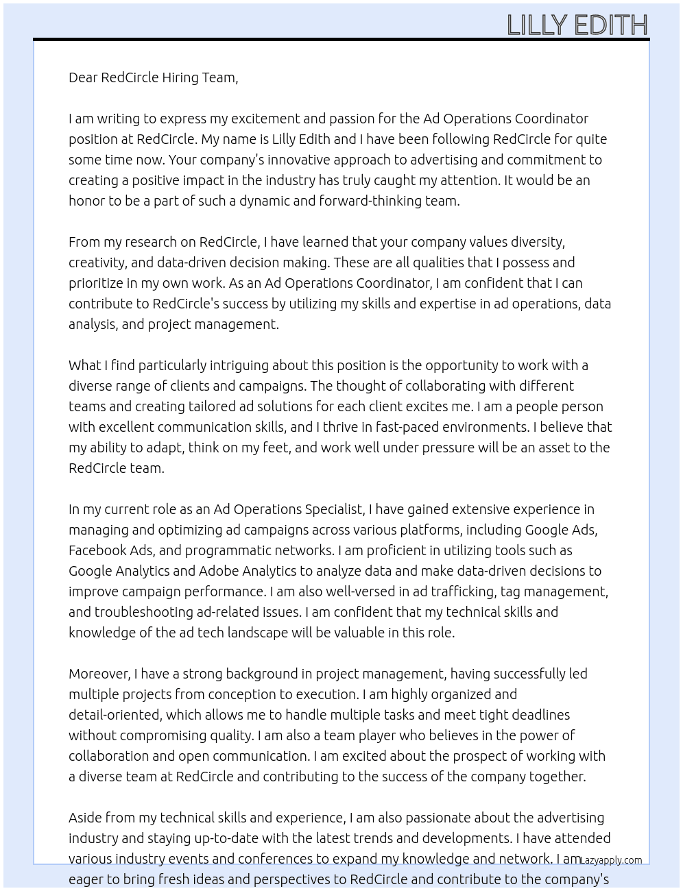 Ad Operations Coordinator At RedCircle Cover Letter