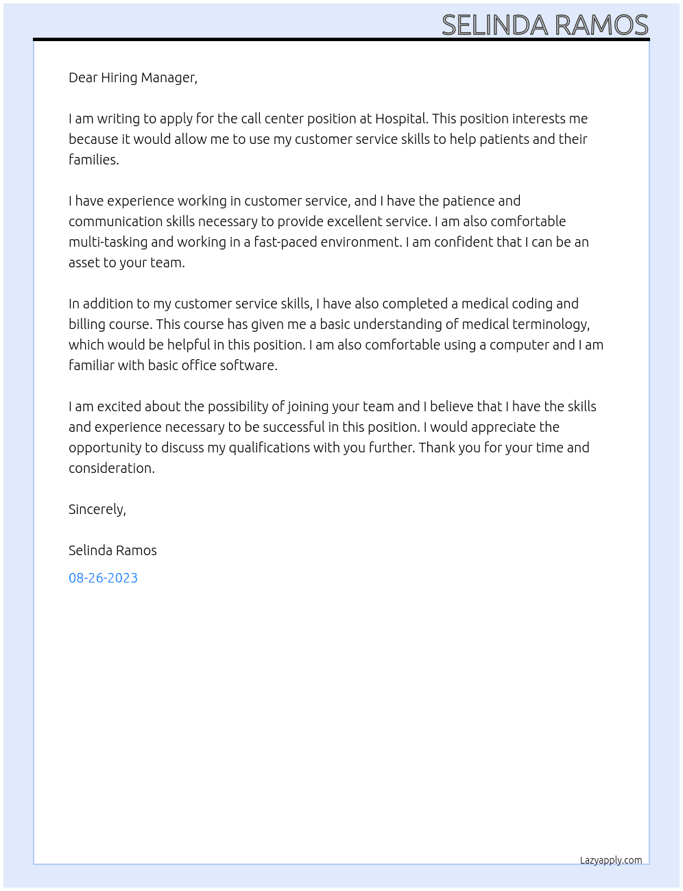 Call center  At Hospital  Cover Letter
