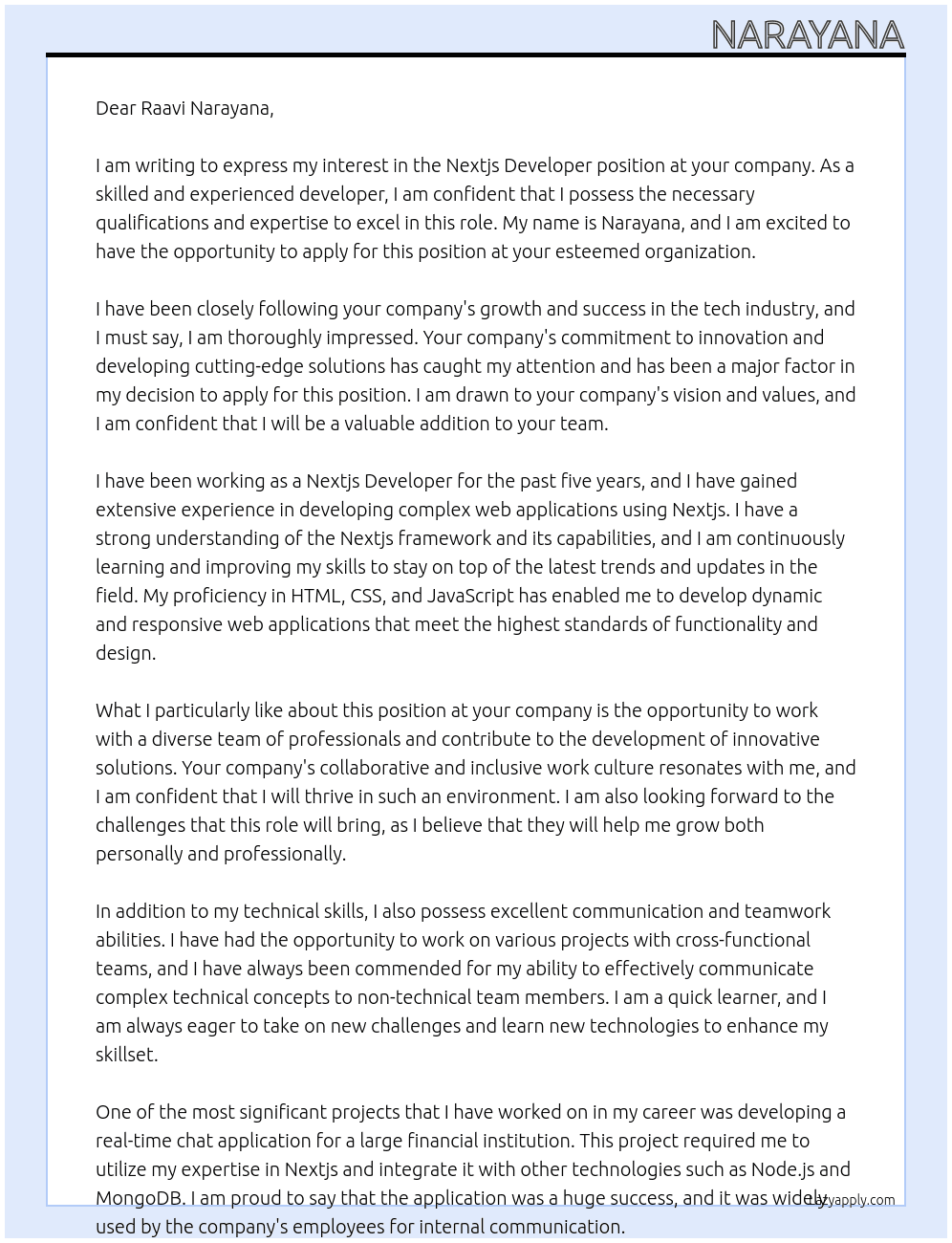 Cover letter for nextjs developer - LazyApply