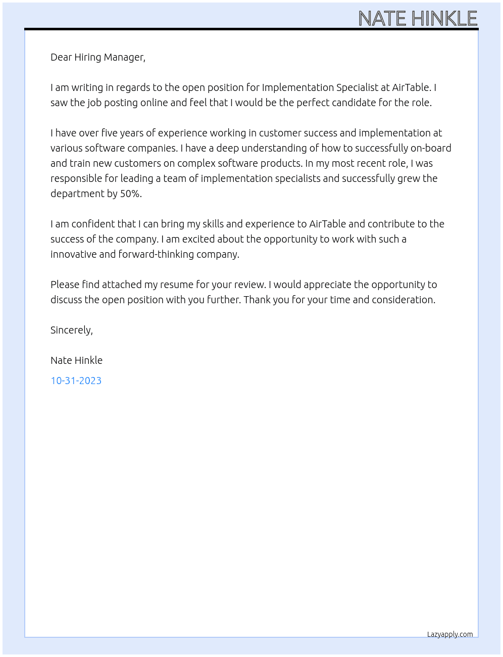 Implementation Specialist At AirTable Cover Letter
