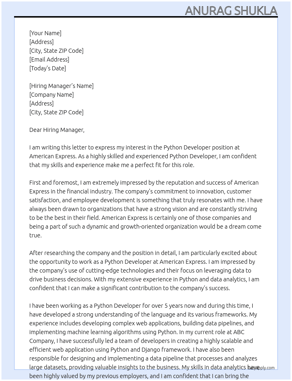 Python Developer At American Express Cover Letter