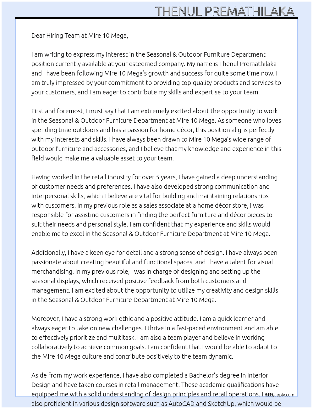 Seasonal & Outdoor Furniture Department At Mire 10 Mega Cover Letter