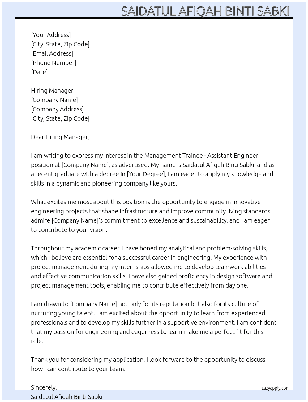 fresh graduate At management Trainee - Assistant Engineer  Cover Letter